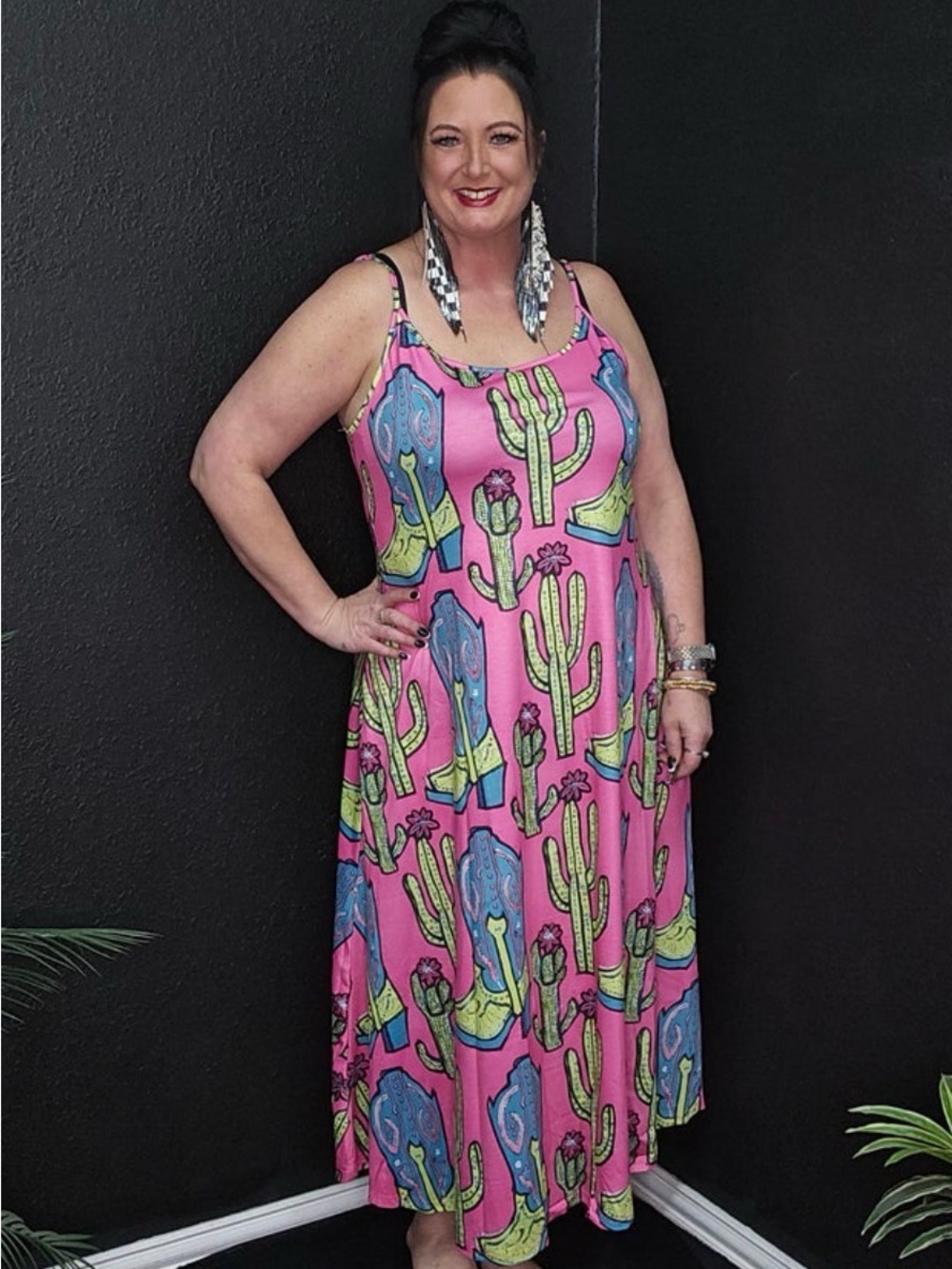 Pink Rhinestone Cowgirl Print Maxi Dress